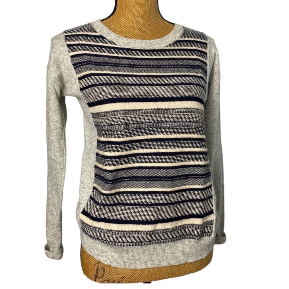 J. Crew Gray Blue Striped Front Wool Blend Career Office Casual Sweater XS